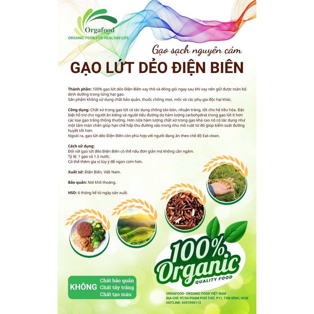 Gạo lứt dẻo Điện Biên Orgafood 1Kg EAT CLEAN healthy giảm cân cho người ăn kiêng túi hút chân không (gạo nâu)