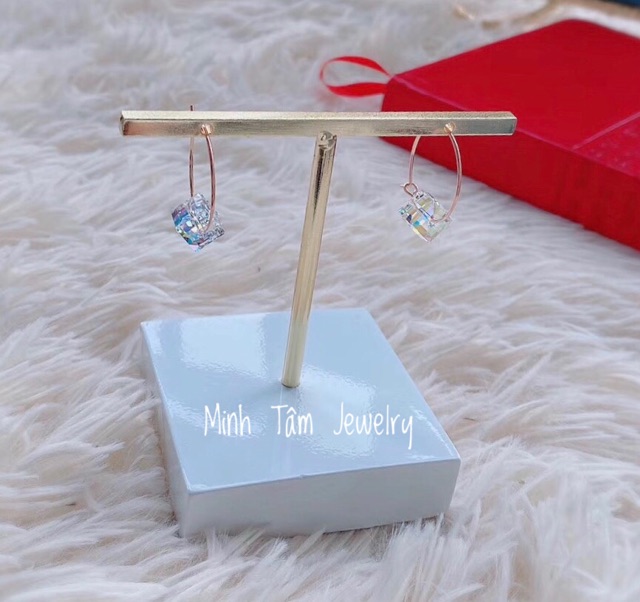 Bông tai hình khối pha lê lập phương bạc Ý xi kim