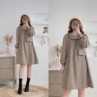 Váy xuông babydoll kẻ kèm túi đeo, đầm suông rộng tay dài bo phồng freesize mã V49 - Michi's House