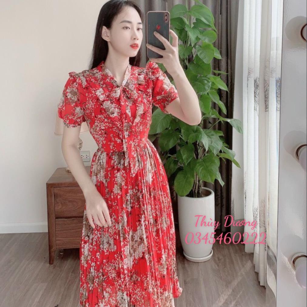 (FREESHIP) Váy đầm hoa thiết kế VINTAGE dáng xòe cổ nơ ngắn tay chân váy xếp ly dài qua gối M01 New *