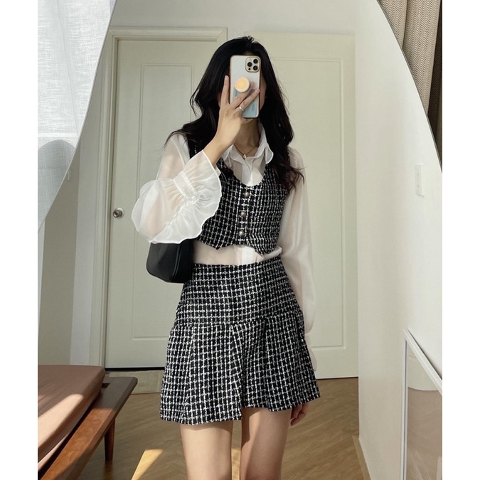 Set 3 món sơ mi tay bồng áo gile mix chân váy xoè dày dặn