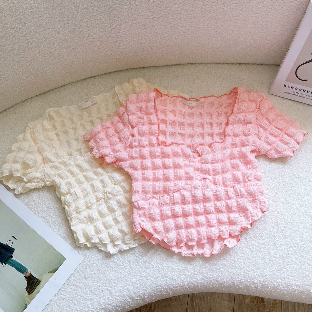 Áo thun croptop xốp tay ngắn vạt bầu tròn xinh NU