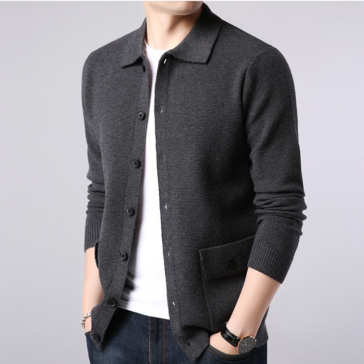 Áo khoác cardigan nam cổ bẻ, len dệt kim dày đẹp form chuẩn phối túi đẹp mẫu mới 2020