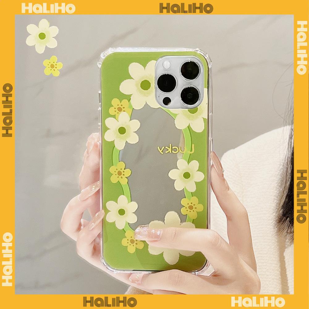 iPhone Case Acrylic HD Mirror Airbag Shockproof Protection Camera Cute Line Green Yellow Flowers Compatible For iPhone 11 iPhone 13 Pro Max iPhone 12 Pro Max iPhone 7 Plus
