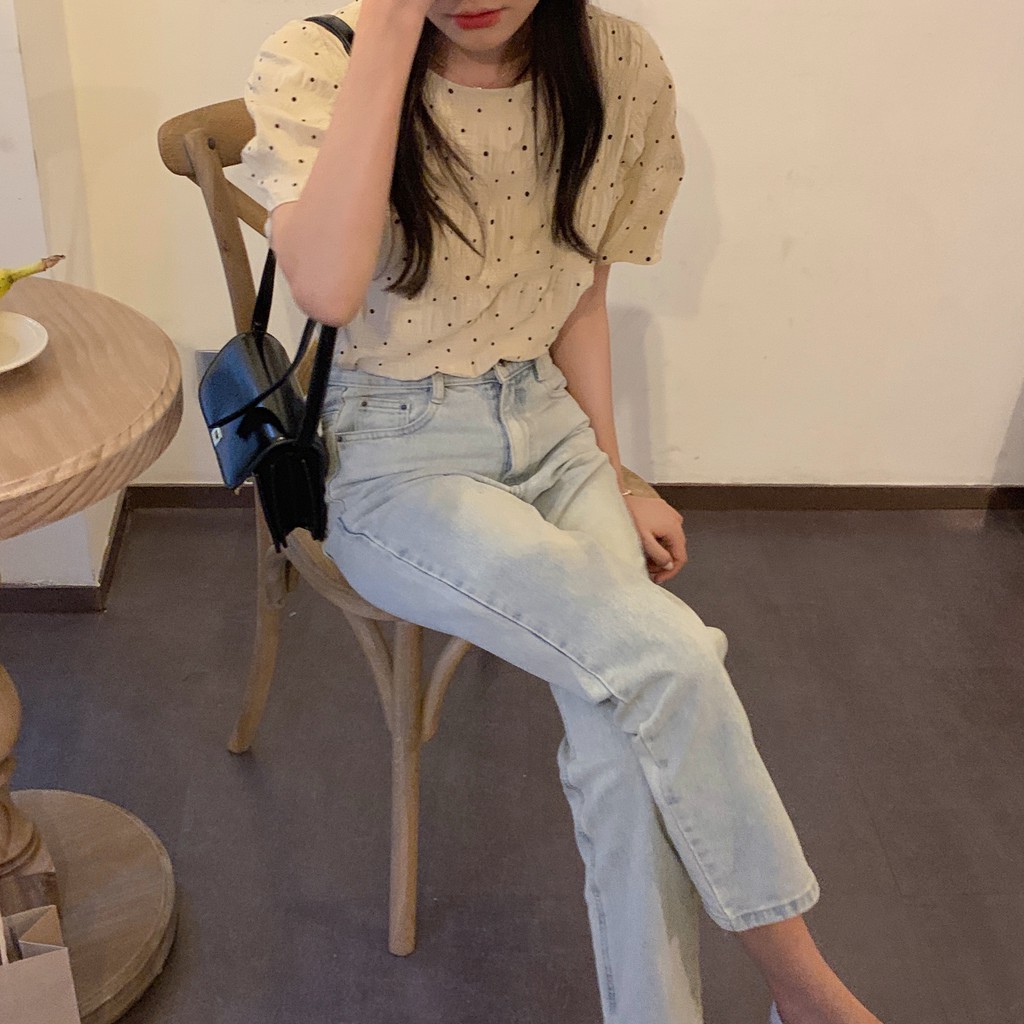 Áo kiểu nữ Chấm bi nhỏ Phong cách Retro Ngắn tay Tay phồng Ulzzang Hàn Quốc Áo kiểu Mùa Hè Cổ tròn Form rộng