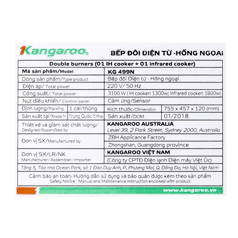 Bếp từ hồng ngoại Kangaroo KG499N new