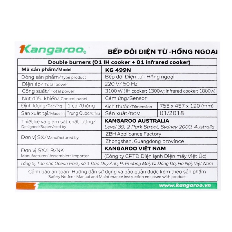 Bếp từ hồng ngoại Kangaroo KG499N new 💯