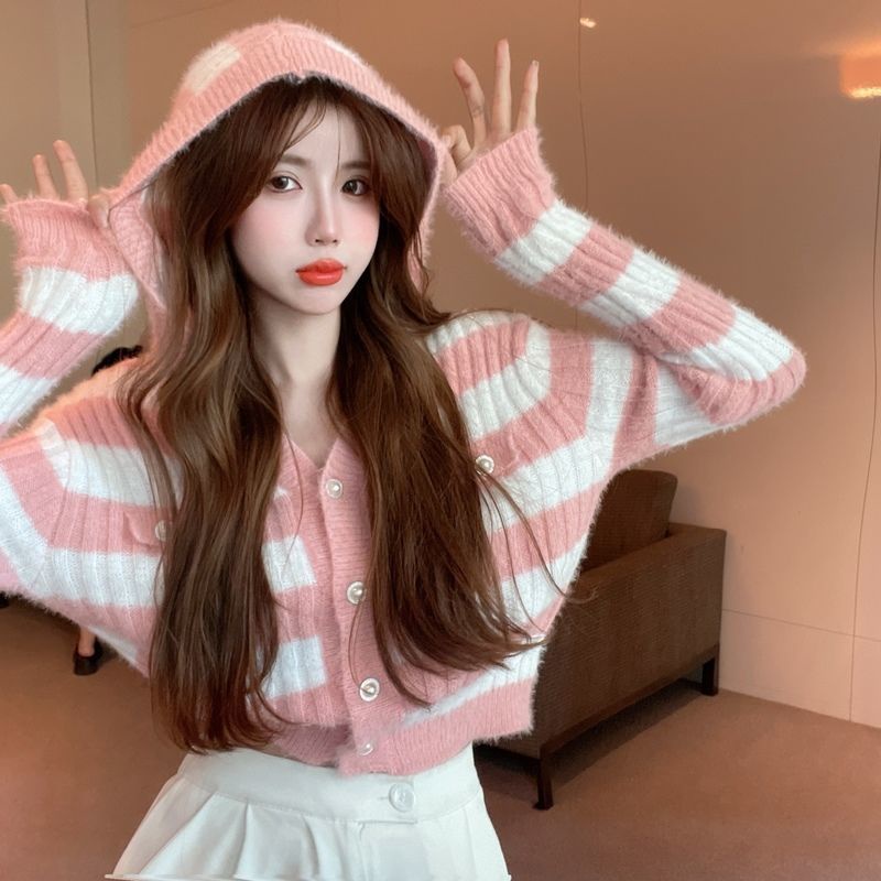 Áo Khoác Cardigan Dệt Kim Tay Dài Có Mũ Trùm Đầu Hoạ Tiết Kẻ Sọc Phong Cách Hàn Quốc Mới