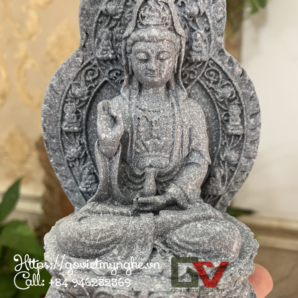 Tượng đá Phật Quan Thế Âm Bồ Tát ngồi thiền trên đài sen - Màu xám - Chiều cao 15cm
