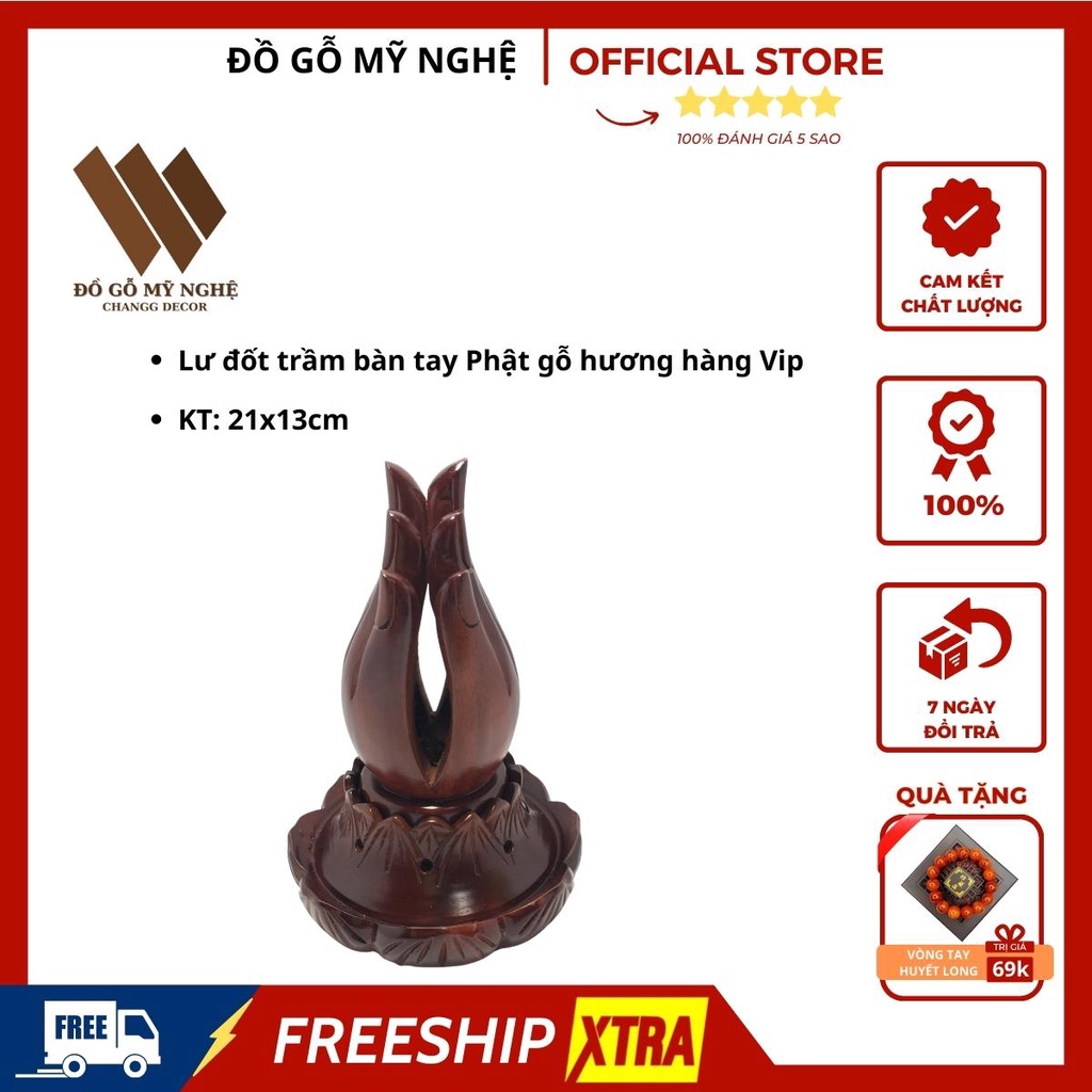 Lư xông trầm gỗ Hương bàn tay Phật loại cao 21cm [Tặng vòng huyết long đeo tay]