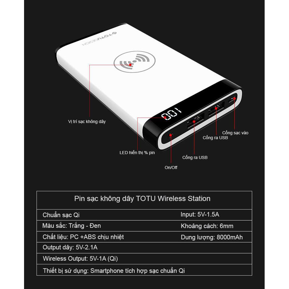 Pin sạc dự phòng không dây Totu Wireless Station 8000mAh