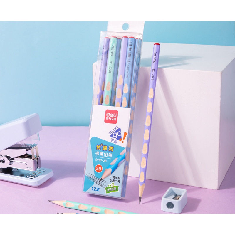 Hộp bút chì định vị 3 màu sắc không kèm đầu tẩy Deli - 12 cây/ hộp - S959 HB/2B