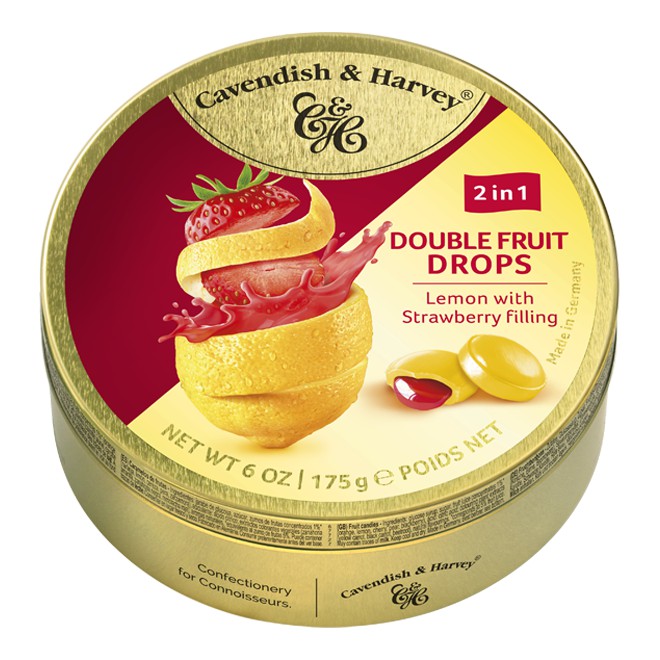 [Hộp thiếc 175g – Lemon &amp; Strawberry] KẸO CHANH VÀNG NHÂN DÂU TÂY [Germany] CAVENDISH &amp; HARVEY Drops Filling (tbo)