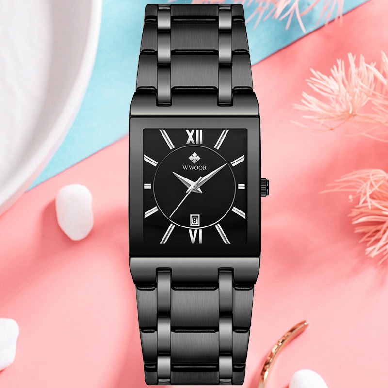 Wwoor Mới Đồng Hồ Đeo Tay Mặt Vuông Màu Đen Thiết Kế Sang Trọng Làm Quà Tặng Reloj Mujer-8858 Cho Bạn Gái