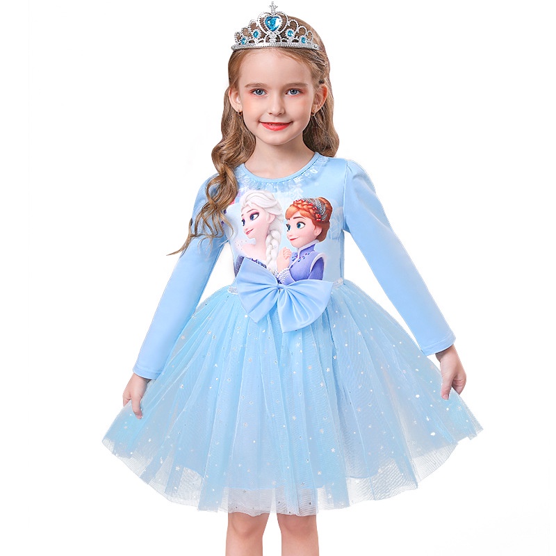 SUGE Đầm Công Chúa Aisha Tay Ngắn Phối Lưới Họa Tiết Hoạt Hình Frozen Dễ Thương Cho Bé Gái
