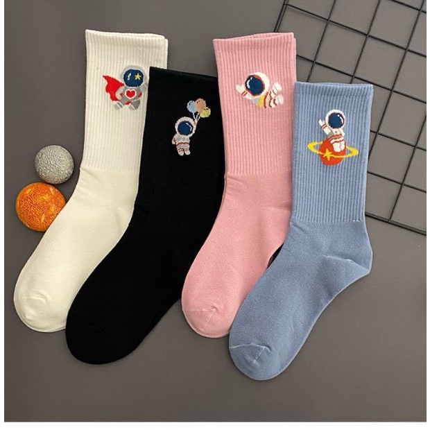 Tất Vớ Dài Cô Cao Nam Nữ Màu Trơn Có Thêu Hình Phi Hành Gia vải cotton mềm mại thấm hút,