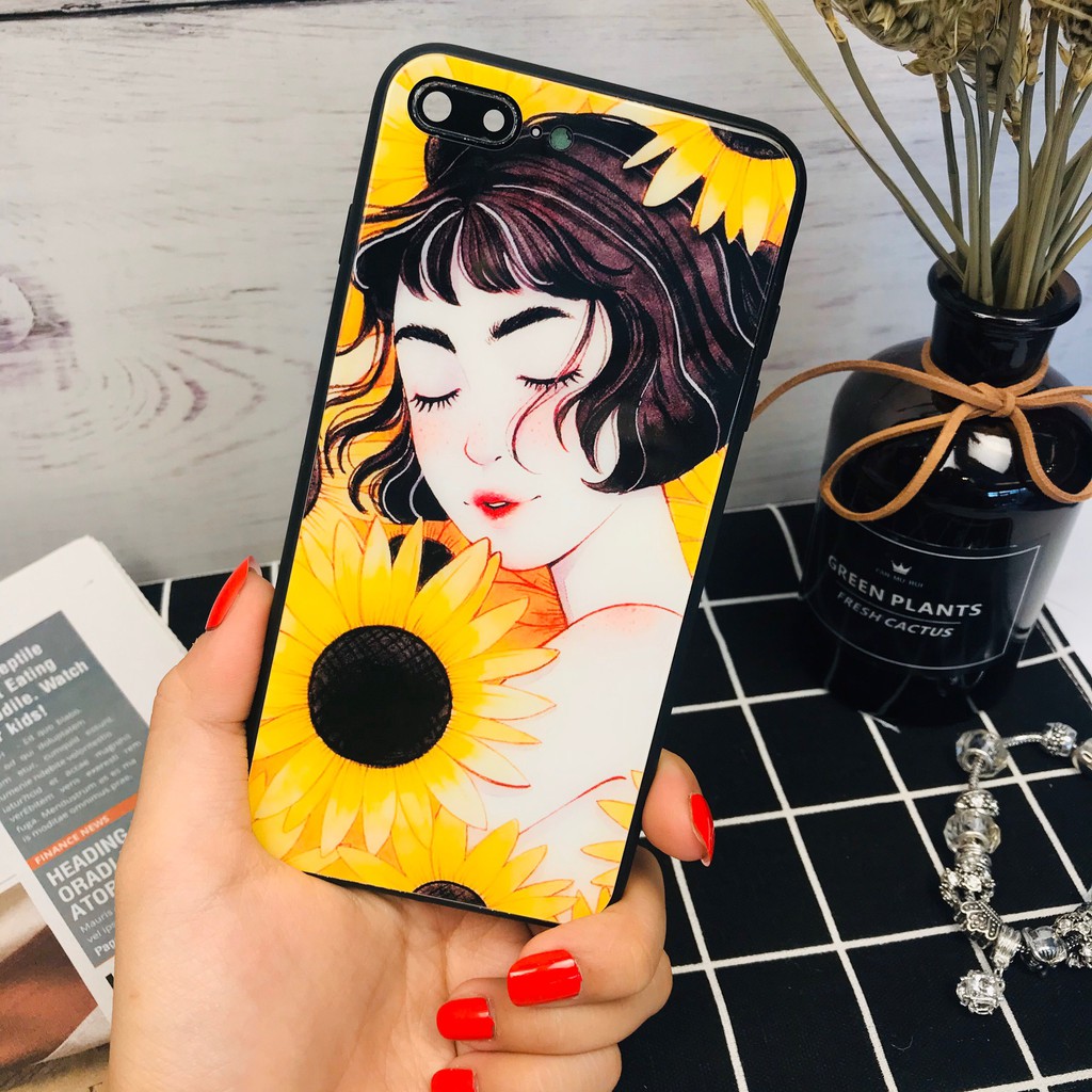[SIÊU PHẨM] ốp lưng iphone cô gái và hoa ‍♀️ in trên kính cương lực cho iphone 6 7 8 x xr xs 11 promax 12 13 pro k236