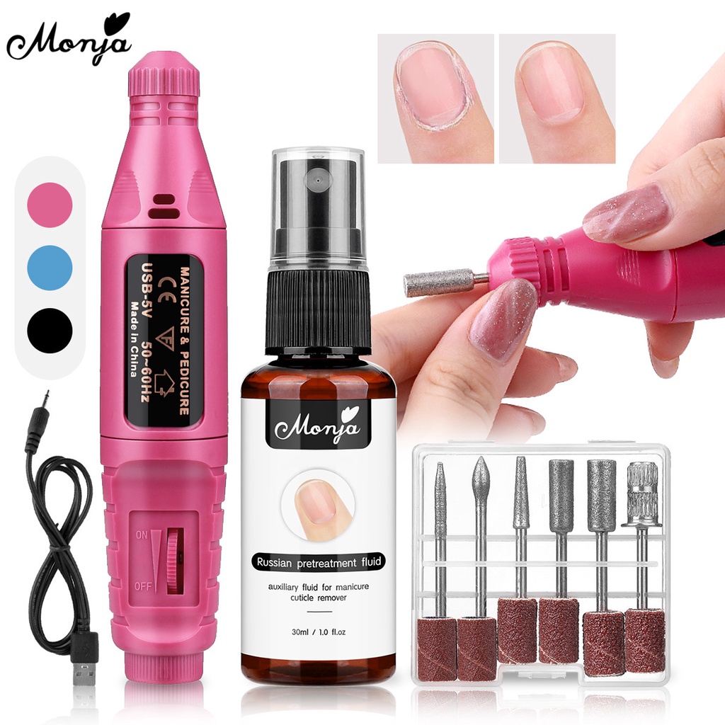 Set máy dũa móng tay điện và dung dịch hỗ trợ dưỡng móng trước MONJA DIY sử dụng tiện lợi cho salon