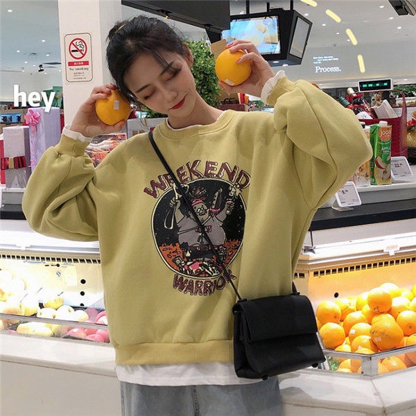 COZOK Áo sweater tay dài dáng rộng in họa tiết thời trang Hàn Quốc