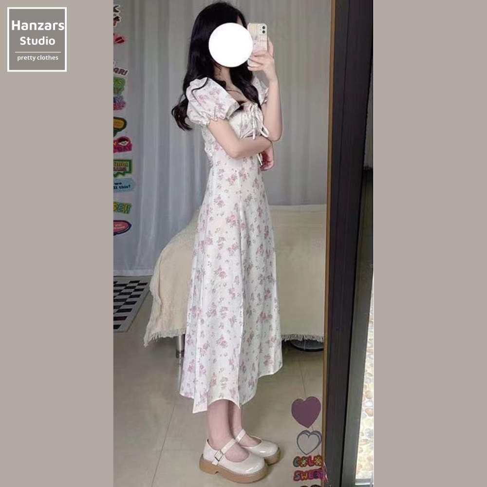 Váy Hoa Nhí Xẻ Tà Dáng Chữ A Tay Bồng Hai Lớp Dày Dặn Vintage Hanzars