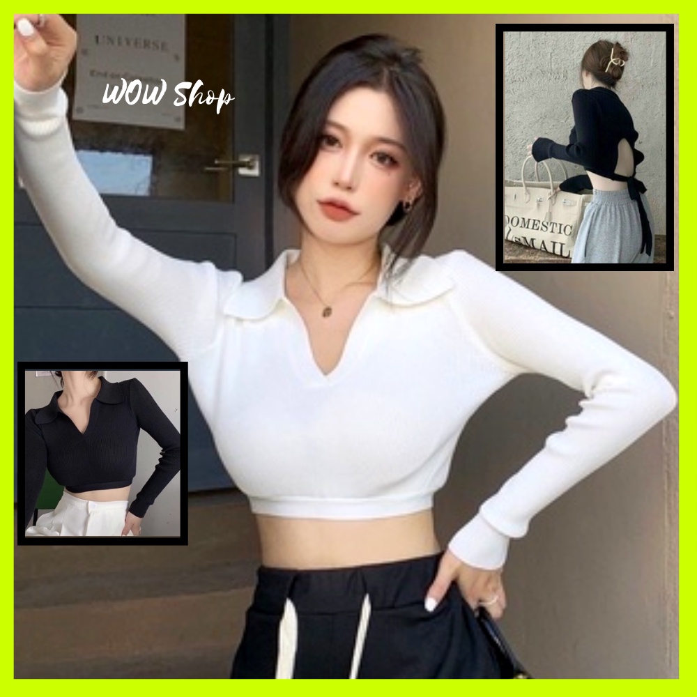 Áo Croptop Tay Dài Đến Cổ Tay Có Dây Thắt Sau Lưng Cổ Bẻ Chữ V Sành Điệu, Croptop Vải Thun Co Giãn Ôm Trắng- Đen Mã CT27
