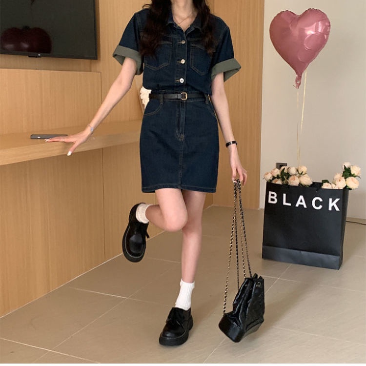 Đầm midi denim Cổ polo Ôm Eo Đơn Giản Thời Trang Hàn Quốc