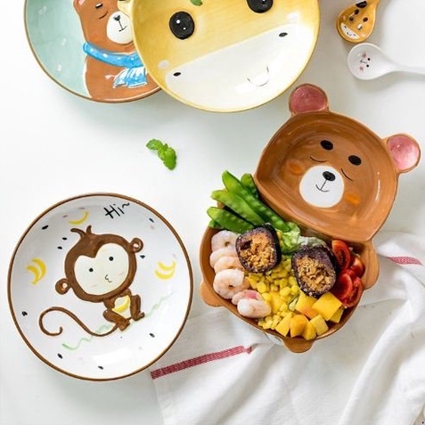Đĩa Ăn Dặm Chất Liệu Gốm Sứ Cao Cấp Hình Gấu Nâu AD16 Cho Bé Ăn Dạm YOOTA BABY