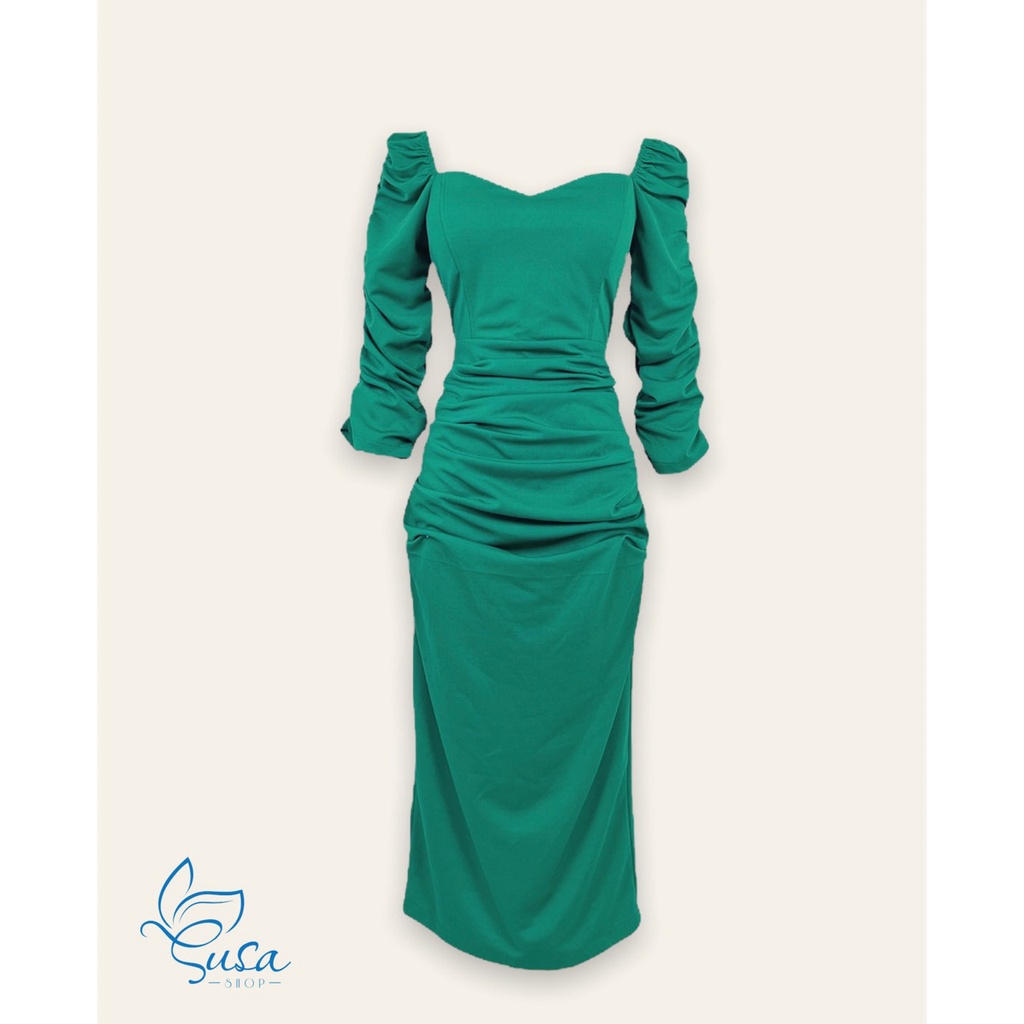 Váy ôm body tay lửng , nhún eo , mút ngực , cotton co giãn tiểu thư sang chảnh thiết kế cao cấp- Suashop