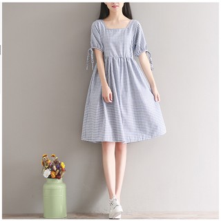 Váy đũi cổ vuông kẻ caro tay lưng phối nơ CV0327T