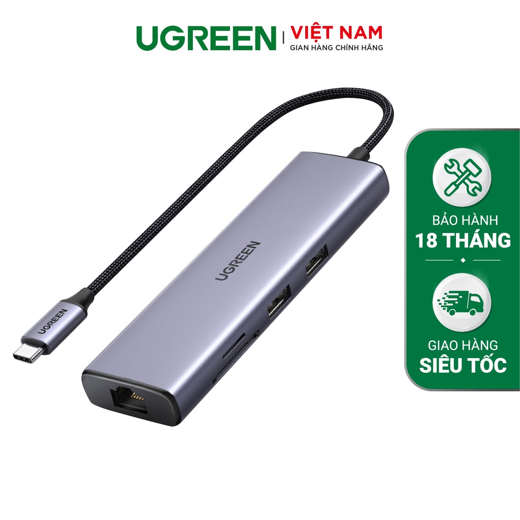 Bộ chuyển đổi Type C UGREEN 60515 sang 2*USB 3.0+HDMI, RJ45, SD TF và PD hỗ trợ 4K - Hàng phân phối chính hãng
