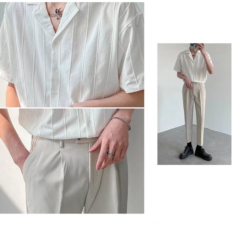 Áo Sơ Mi Lụa Tay Ngắn Dáng Rộng Phong Cách Nhật Bản Thời Trang Cho Nam