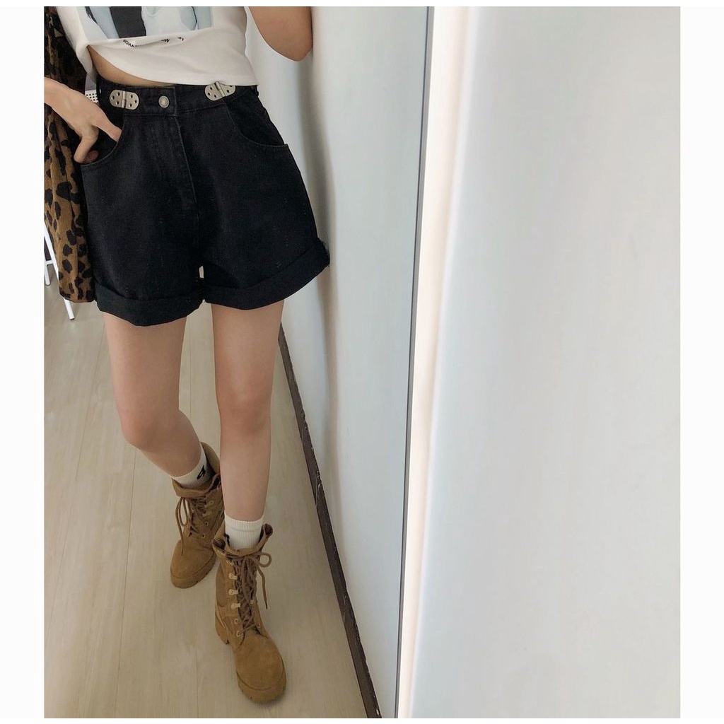 Quần Short denim Lưng Cao Ống Rộng Cá Tính Trẻ Trung