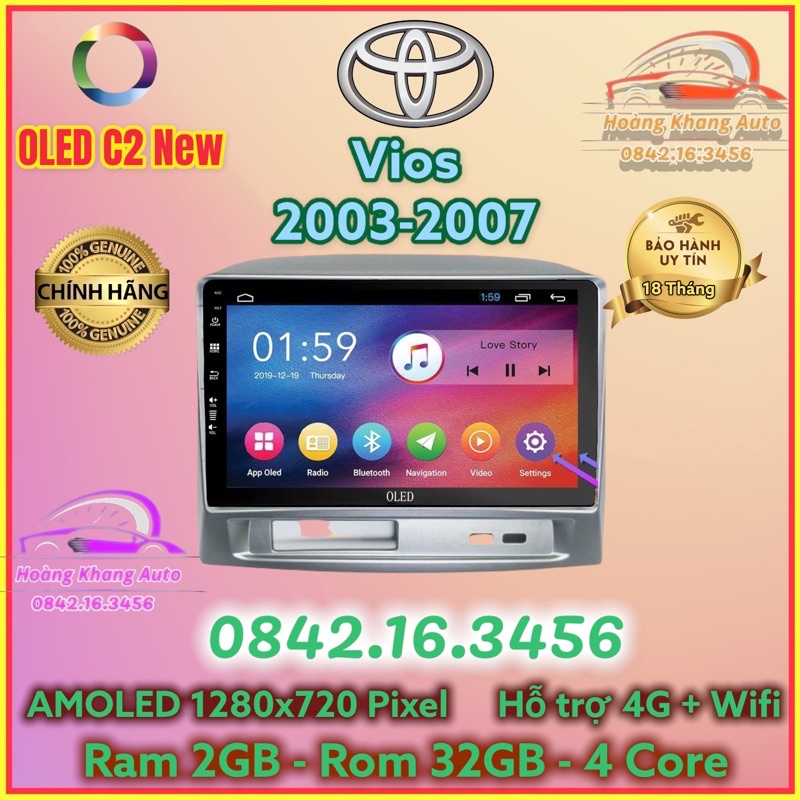 Màn hình Android OLED C2 New theo xe Vios 2003 - 2007, 9 inch Kèm dưỡng và jack nguồn zin theo xe