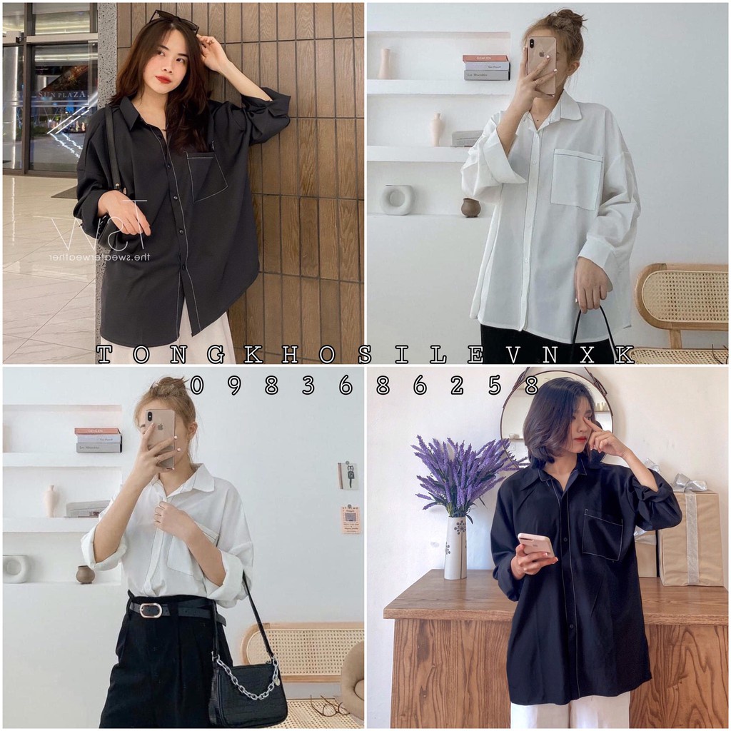 ÁO SƠ MI NỮ OVERSIZE VIỀN CHỈ NỔI DÁNG RỘNG TÚI NGỰC - ÁO SOMI TRẮNG ĐEN STYLE HÀN QUỐC