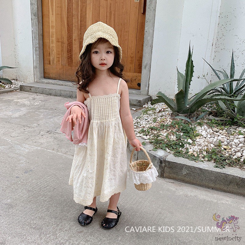 Đầm Công Chúa Hai Dây Thêu Họa Tiết Thời Trang Mùa Hè Hàn Quốc Cho Bé Gái