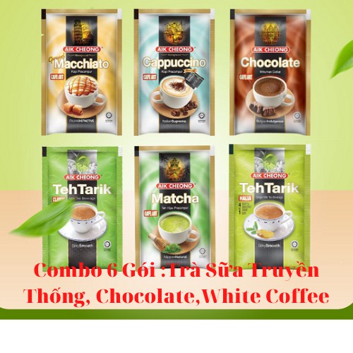 Trà Sữa Tự Pha Aik Cheong Malaysia Combo 6 Gói Truyền Thống, Chocolate,White Coffee Hàng Nhập Khẩu Chính Hãng.