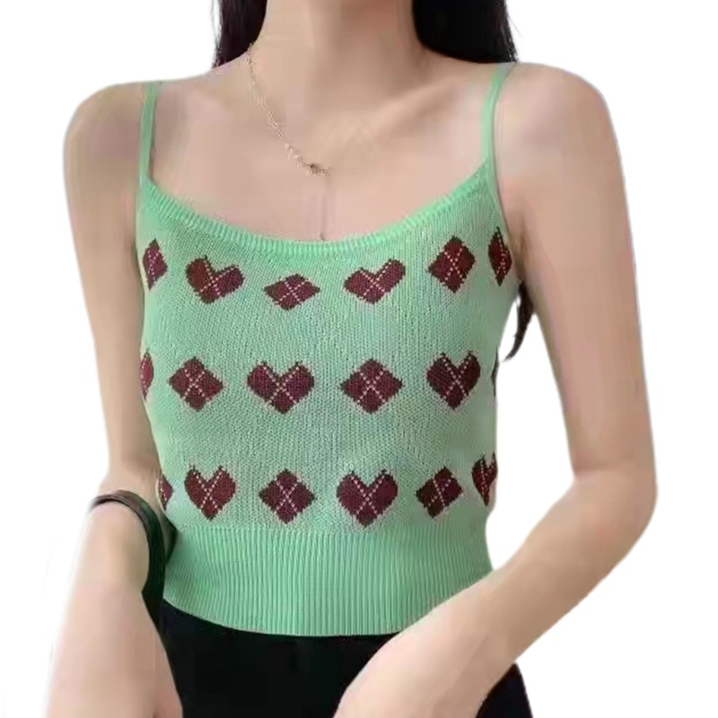 Brroa Áo Croptop Dệt Kim Hai Dây Không Tay Họa Tiết Trái Tim Kim Cương Tương Phản Cổ Điển Mùa Hè Cho Nữ