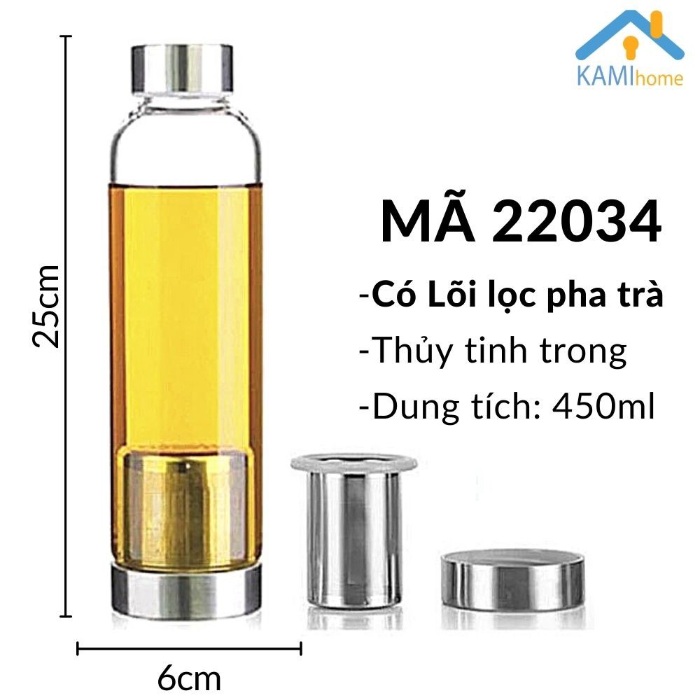 Bình nước thủy tinh pha trà hoa có lõi lọc inox 450ml cầm tay mang theo người Mã22044