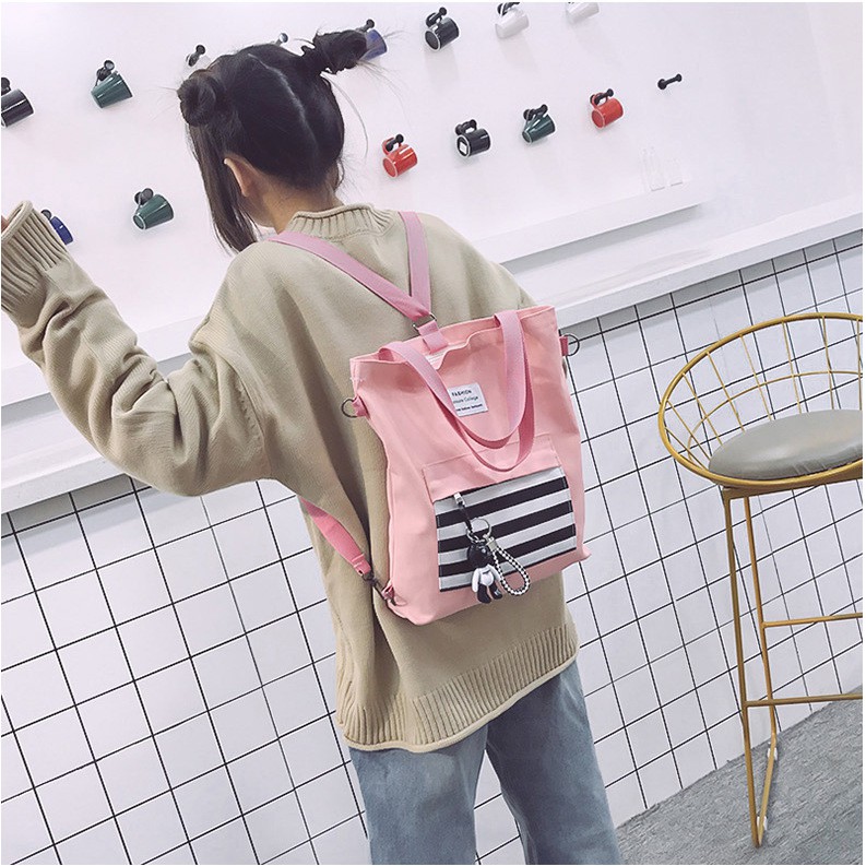 Túi Xách Đeo Chéo Nữ Tote Bag Vải Canvas Trang Trí Kẻ Sọc Đa Năng Kèm Móc Treo Gấu Popobe Kết Hợp Đeo Vai Hoặc Làm Ba Lô