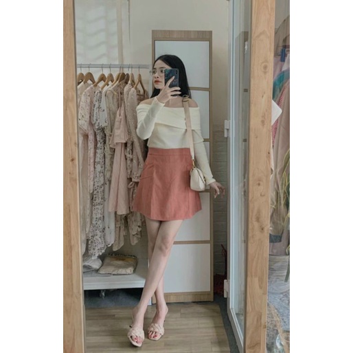 Set Váy Áo Set Chân Váy Chữ A Hồng Mix Áo Len Bẹt Vai Tay Dài HotGirl | BigBuy360 - bigbuy360.vn