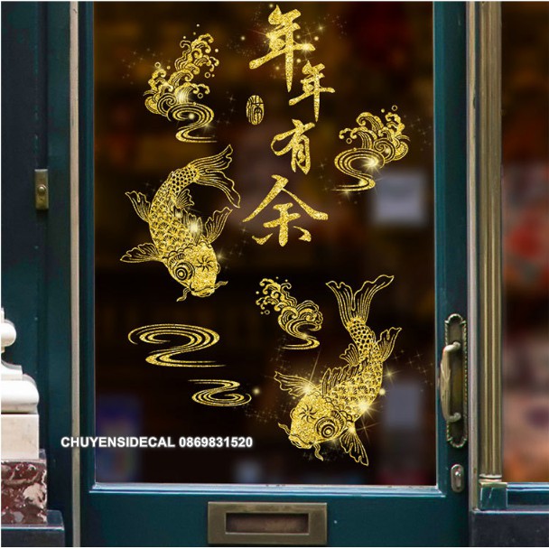 Decal trang trí tường Tết - Cá Chép Nhũ kim tuyến vàng