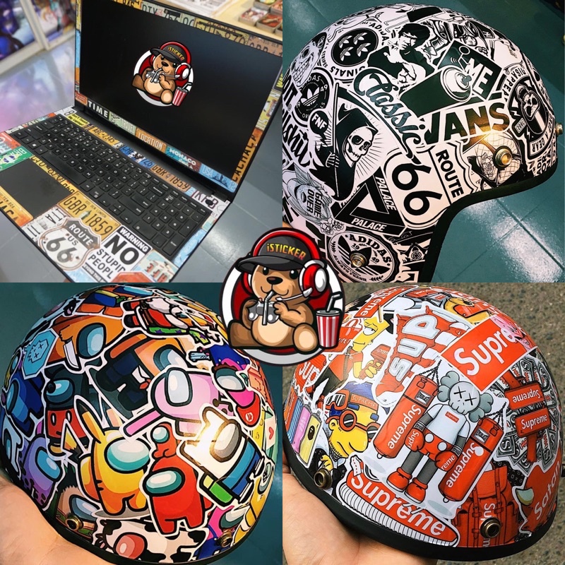 [Set 50 cái] Sticker tem mẫu HOT hình dán cute trang trí nón - mũ bảo hiểm, điện thoại, laptop, vali, ván trượt, xe ..