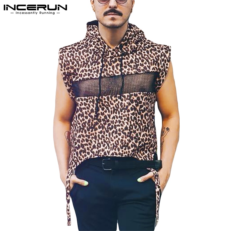 Áo thun vải lưới INCERUN không tay có mũ trùm đầu họa tiết da báo cho nam