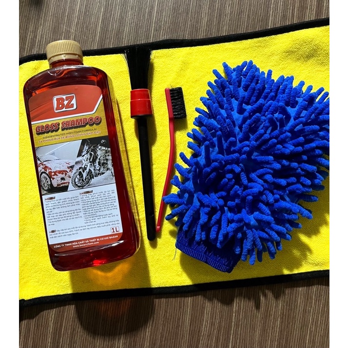 [Combo Giá Sốc] Xà Bông BZ Nước Rửa Xe BZ Gloss Shampoo 1L Siêu Bọt Kèm Cọ, Khăn, bao tay rửa xe