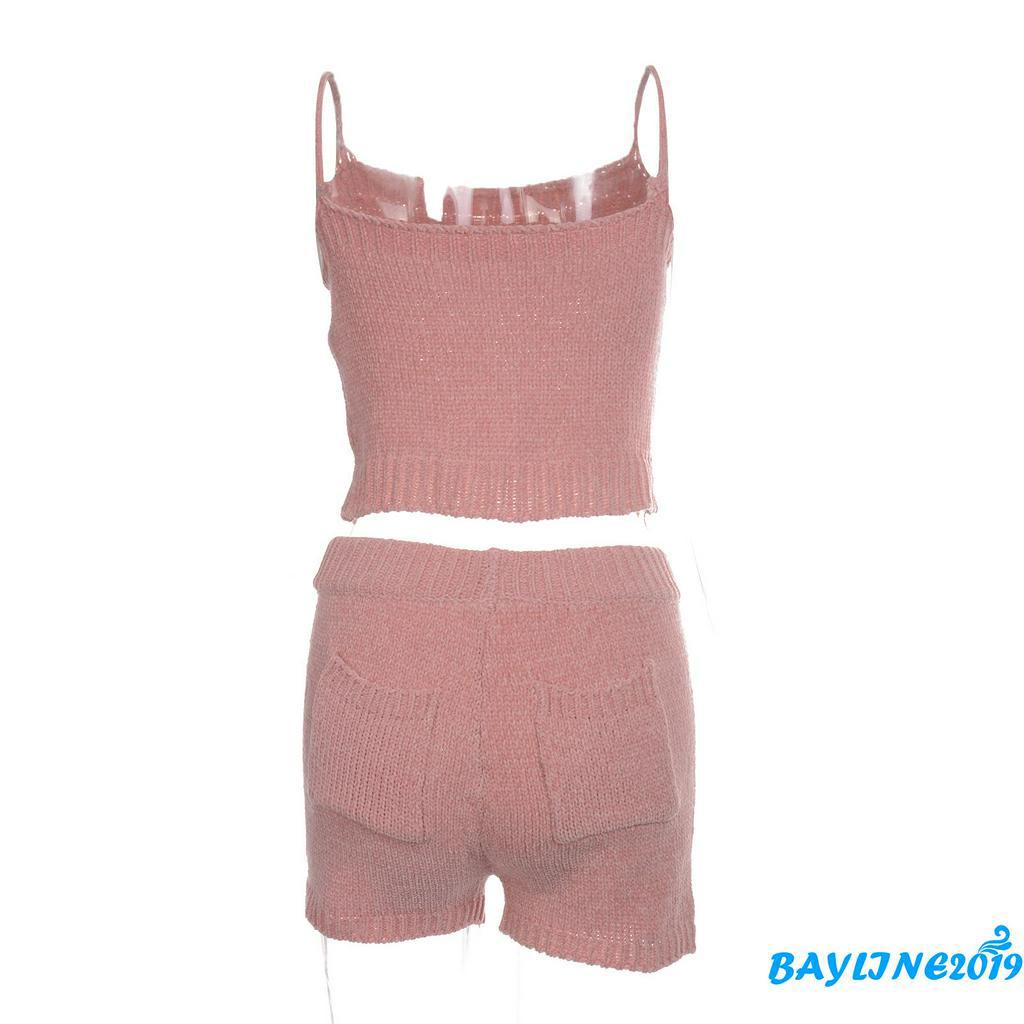 Set Áo Dệt Kim Sát Nách + Quần Short Màu Trơn Quyến Rũ Cho Nữ