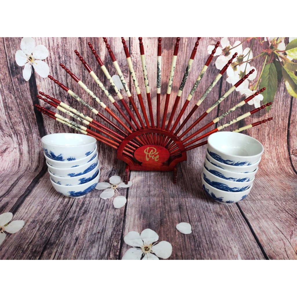 Shop Đa Ngành - Set 10 bộ bát đũa thờ có giá gỗ đẹp long lanh, gốm sứ Bát Tràng
