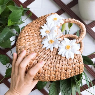 【Hàng sẵn sàng】 [TẶNG HOA CÀI TÓC]Túi/giỏ cói đan lục bình bán nguyệt