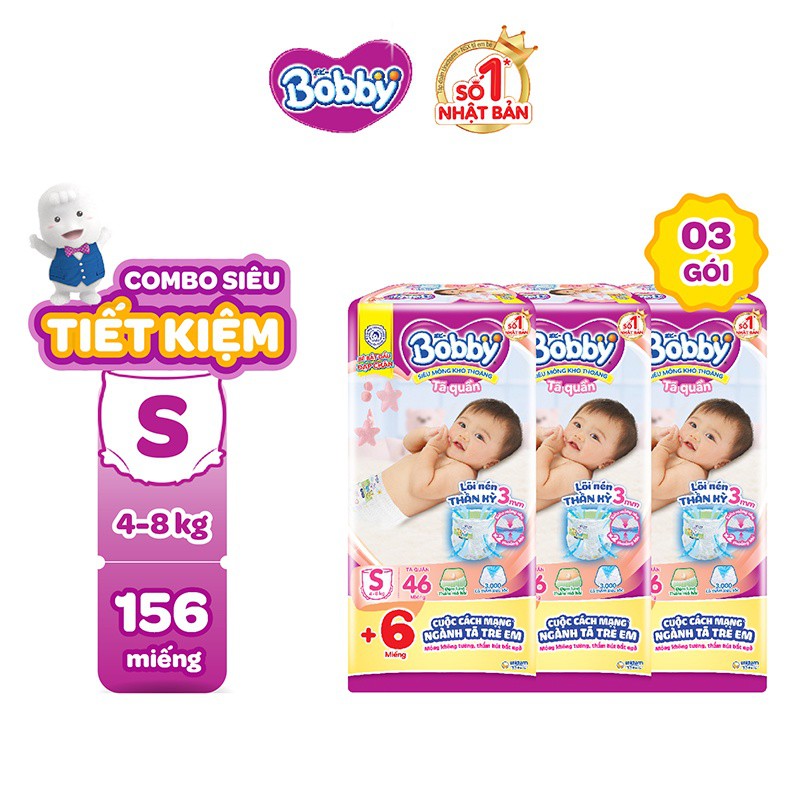 Combo 03 Tã quần Bobby Pants S46/M42/L38/XL34 - Tặng kèm 6 miếng trong gói