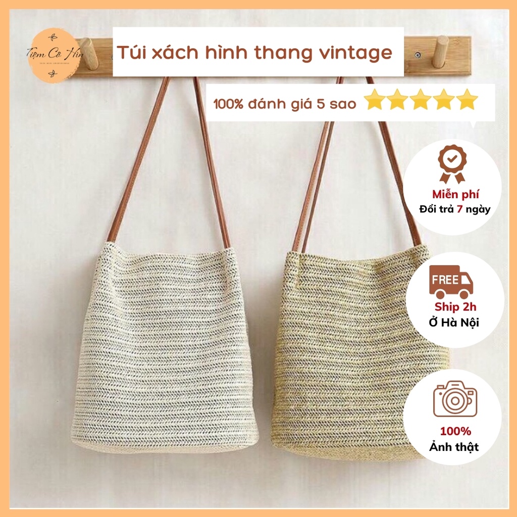 Túi cói hình thang vintage có thể gập gọn thích hợp đi du lịch, đi làm siêu tiện lợi ship 1h không lo hư hỏng