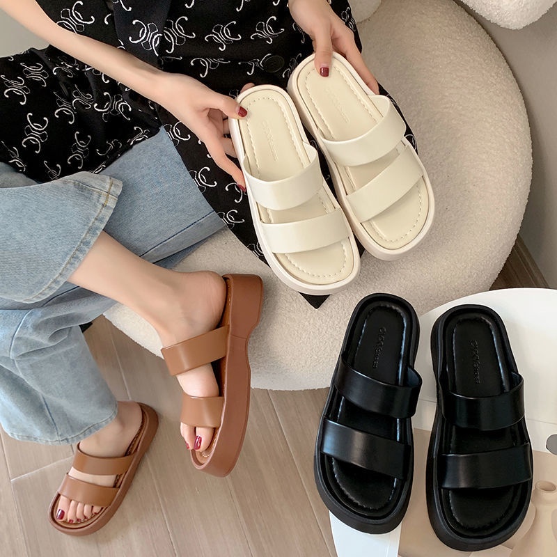 Sandal đế dày, 2 quai da mềm phong cách Hàn Quốc